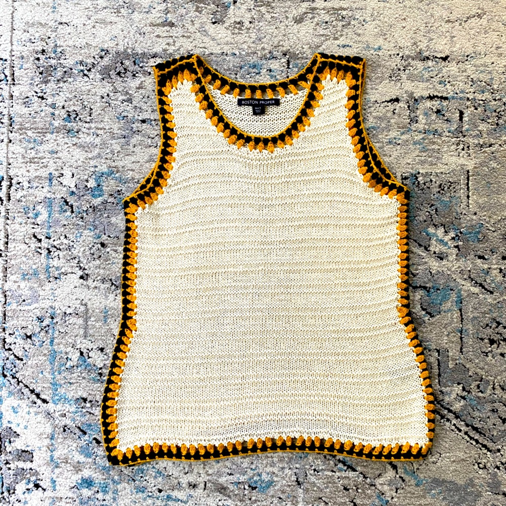 Boston Proper cream sleeveless crochet top with black and yellow trim
